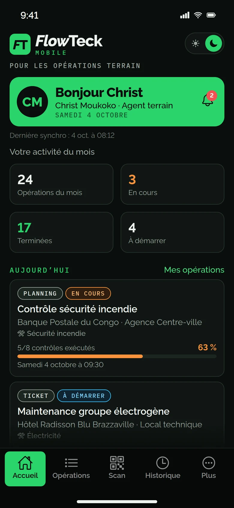 Écran d’accueil de FlowTeck Mobile : activité du mois et opérations du jour du technicien